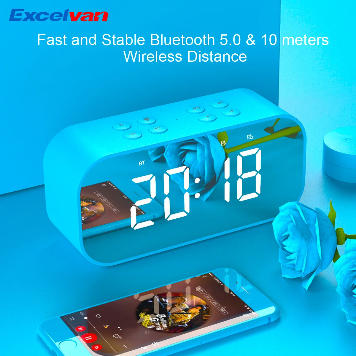 Беспроводной динамик Exelvan Bluetooth5.0 стереозвук с цифровой прикроватной тумбочкой