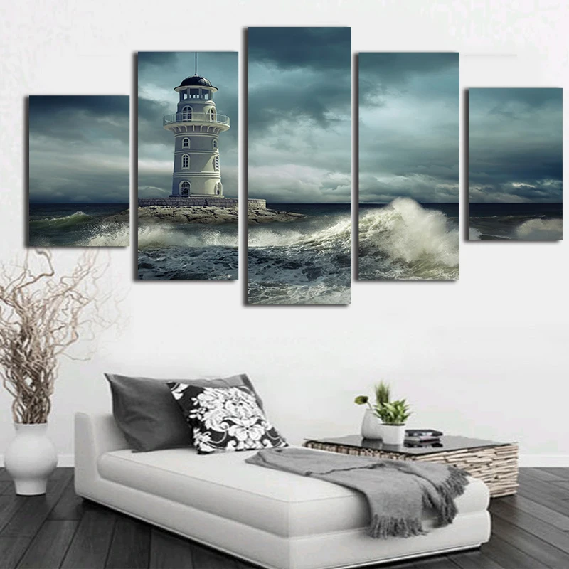 

Pictures Frame Modern Home Decor HD Prints Poster 5 Pieces Lighthouse Cloudy Rough Wave Seascape Canvas Painting Wall Art