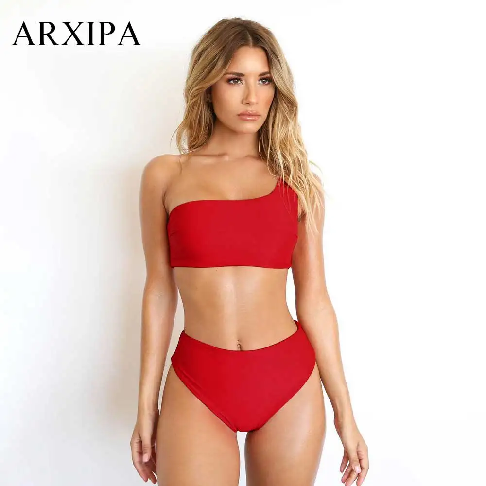 Женский купальник бикини ARXIPA однотонный на одно плечо с высокой талией пляжная