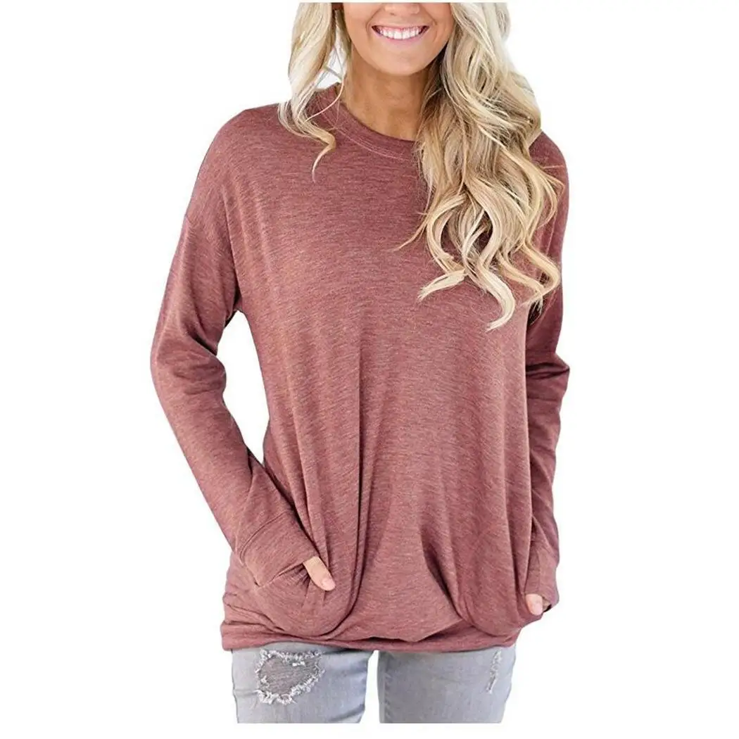 Woman Casual T-shirt Multi-color Solid Color Women Pockets Decor Loose Causal O-Neck Top Long Sleeve | Женская одежда