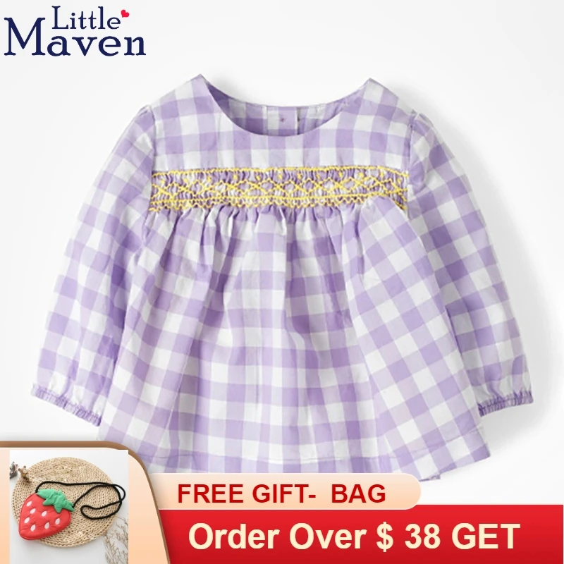 Little Maven/брендовая Блузка для девочек фиолетовая клетчатая топы Детская осенняя