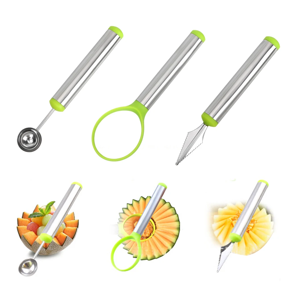 3 Pcs/Set Stainless Steel Fruit Platter Set Tools Watermelon Carving Knife Cream Spoon Kitchen Gadget | Дом и сад