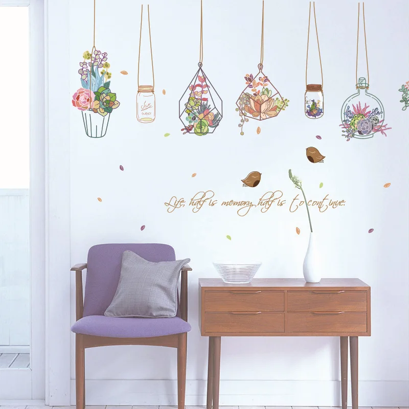 SK7057 Living Room TV Wall Decoration Creative Sticker Succulents Probed into the Bottle Removable | Дом и сад