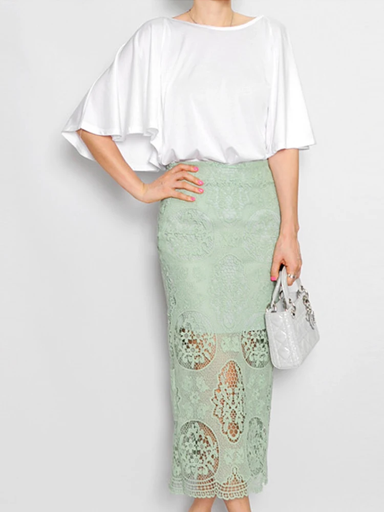 Женская кружевная юбка до середины икры Однотонная карандаш повседневная с