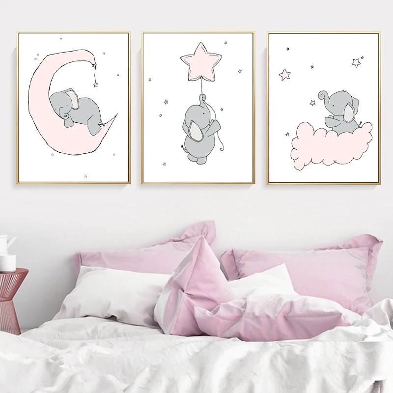 Baby Nursery Wall Art Canvas Painting Animal Nordic Posters Prints Elephant Moon and Stars Pictures Kids Girls Room Decor | Дом и сад