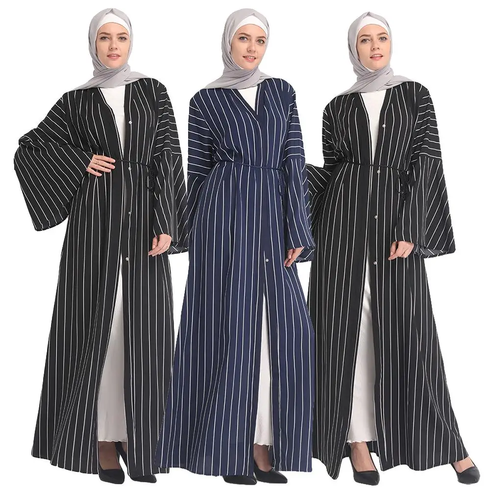 Женское длинное платье халат Abaya в полоску с роговыми рукавами открытый кардиган