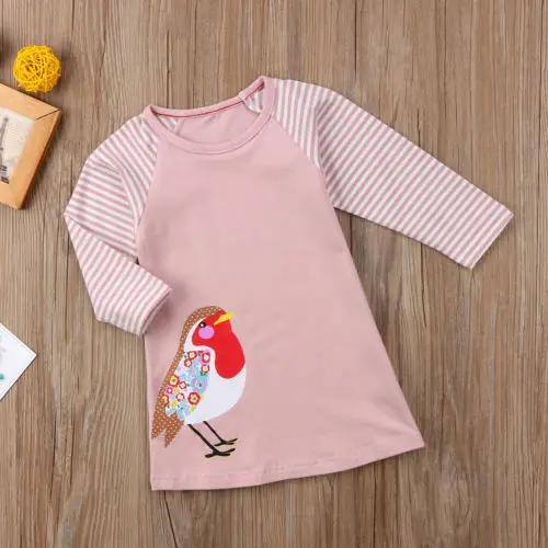 Kids Baby Girls Spring And Autumn Long Sleeve Cotton Clothes Bird Print Party Dress Fashion Pink Striped | Детская одежда и обувь