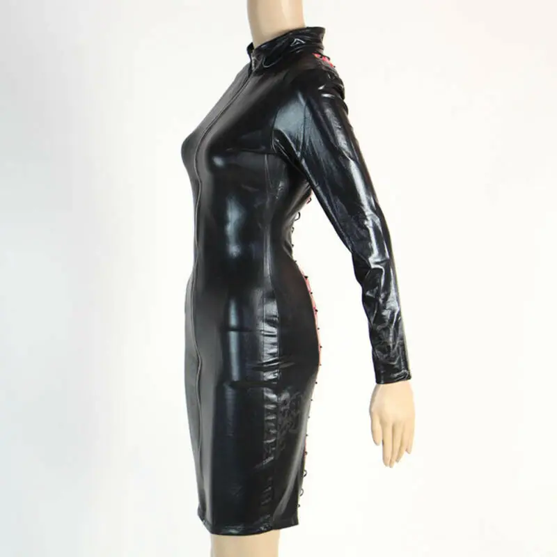 Женское сексуальное платье из искусственной кожи с длинным рукавом и застежкой