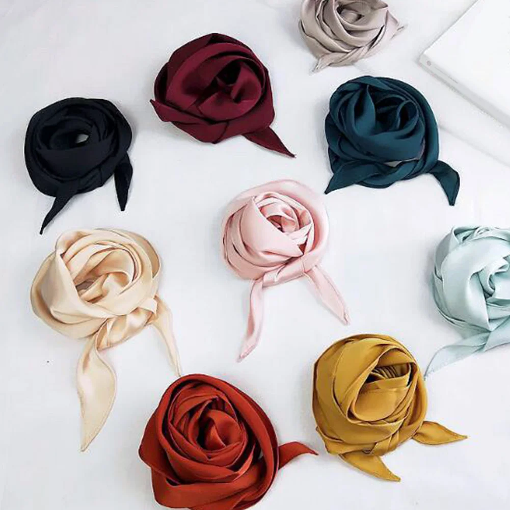 Summer New Fashion Elegant Women Square Silk Feel Satin Scarf Skinny Retro Head Neck Solid Vintage Hair Tie Band For Girl |