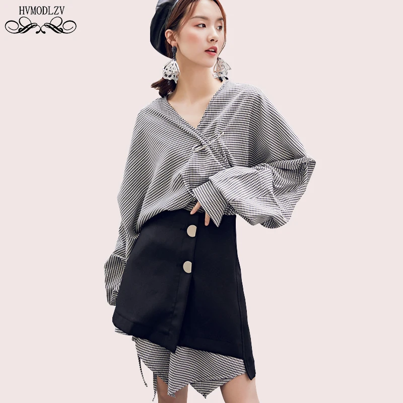 

Women Autumn Irregular Shirt Dress Black Half Body Short dress Two-piece Suit New Cut V-neck Fashion Long-sleeved Vestido HJ186