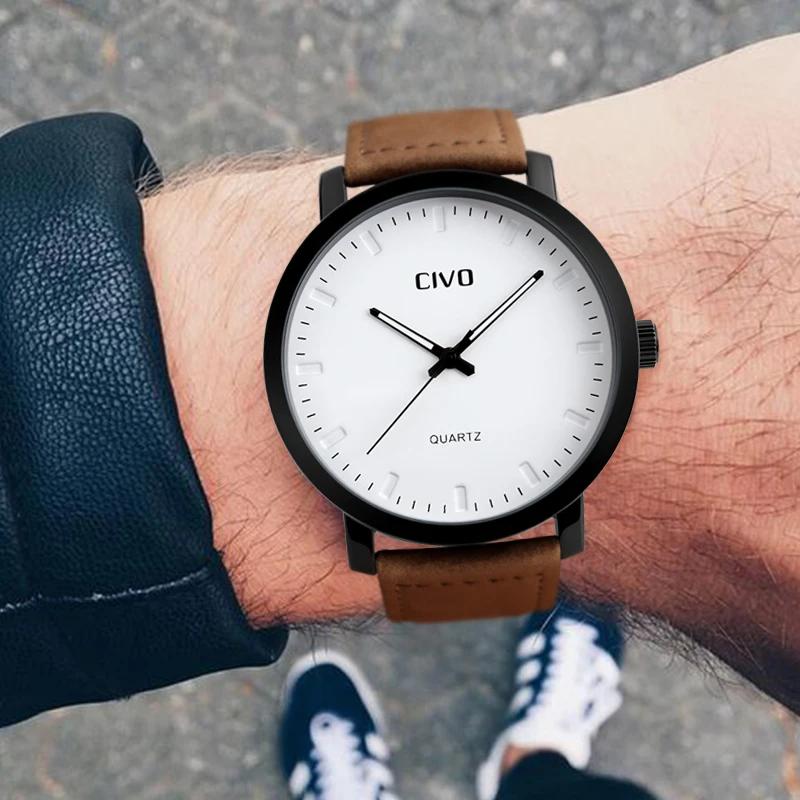 CIVO Mens Watches Top Brand Luxury Sport Quartz Watch Leather Strap Clock Men Waterproof Wristwatch Relogio Masculino | Наручные часы
