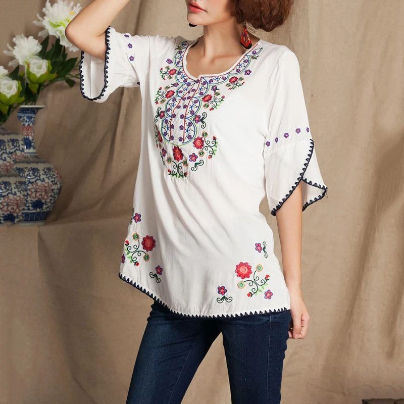 Для женщин Цветочный принт Casua Embroideredl Винтаж свободные блузки рубашки Этническая