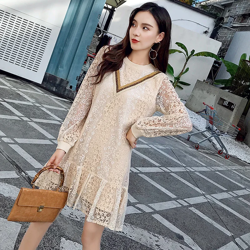 Cute Sweet Mini Dresses Hot Sales Women Fashion Long Sleeve Basic Casual Patchwork Ruffled Hollow Out Lace Princess Dress 10828 | Женская