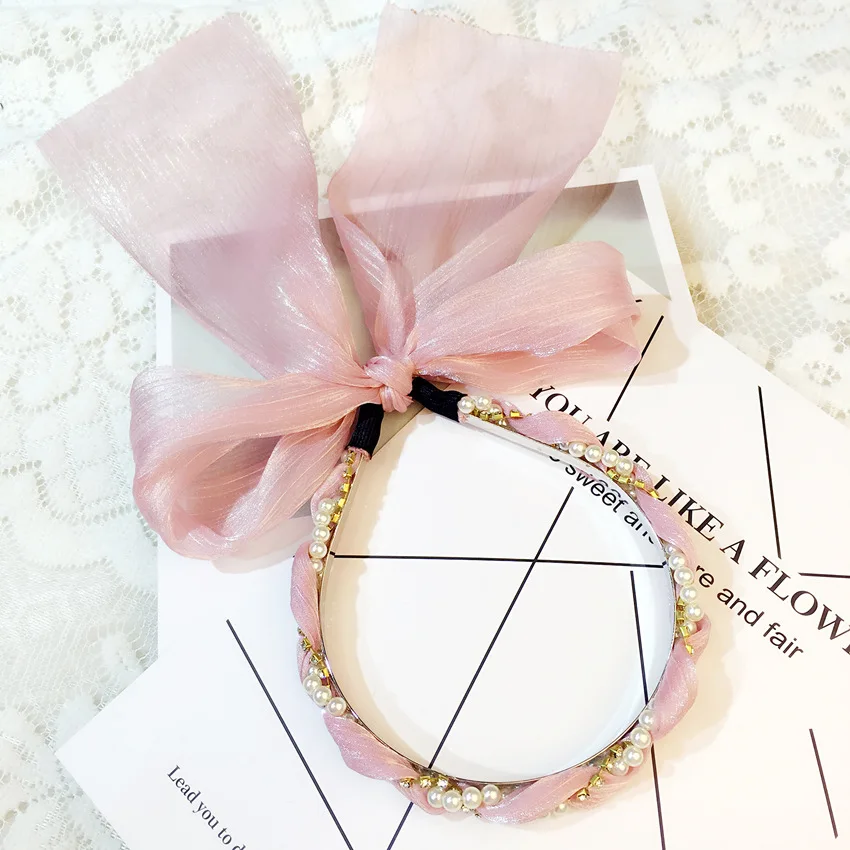 Головная повязка с большим цветочным бантом, бантом из ленты и перламутровых косичек для женщин и девочек 2018 года в подарок.