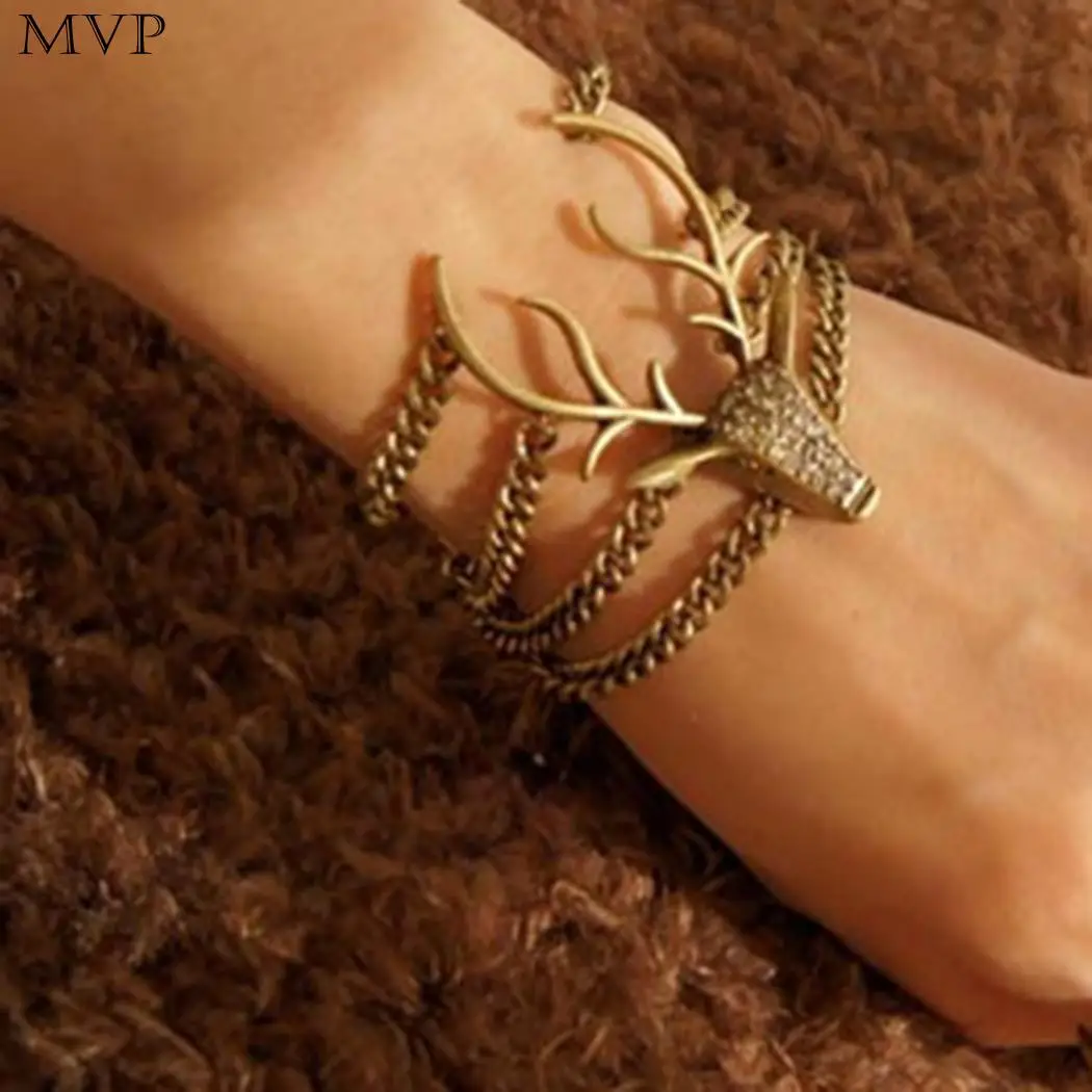 Women Fashion Deer Head Shape Multi Casual Link Chain Layers Cuff Crystal Bracelet Lobster Claw Clip Jewelry | Украшения и