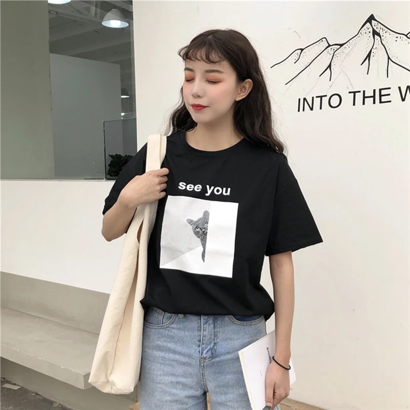 Женские хлопковые футболки Kpop свободные повседневные трикотажные с коротким