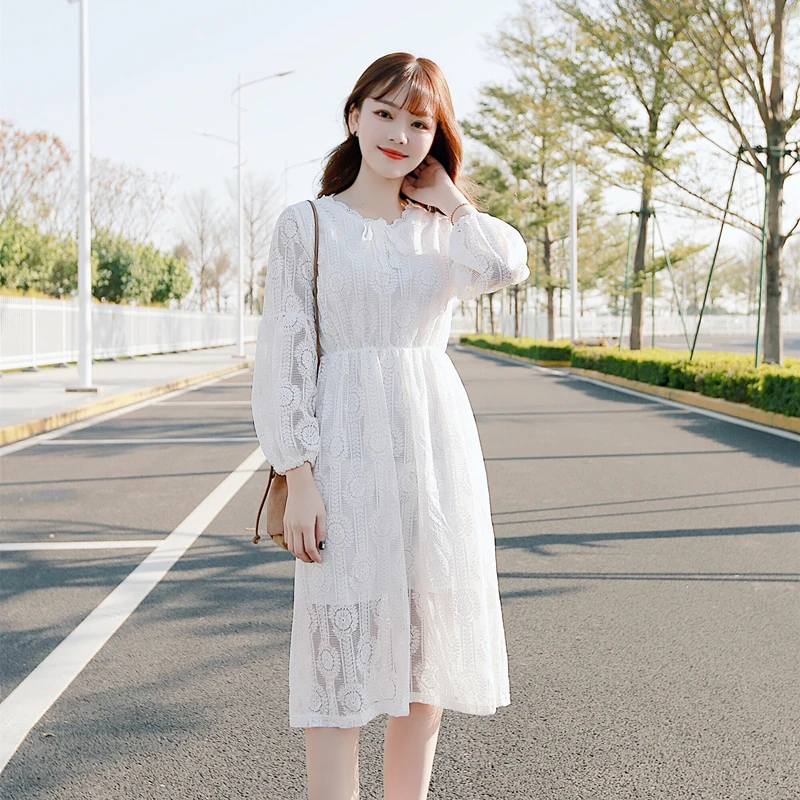 Vintage Lace Dress Long Sleeve Sexy V-neck Elastic Waist A-Line Party Dresses Elegant Women Vestidos Robe Femme | Женская одежда