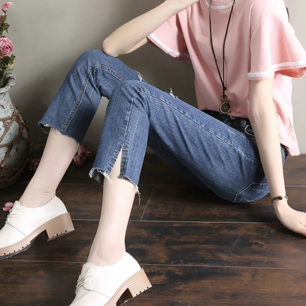 

Spring Summer Capri Pants Women Casual High Waist Skinny Stretch Jeans Ripped Hole Split Denim Trousers Pantalon Femme
