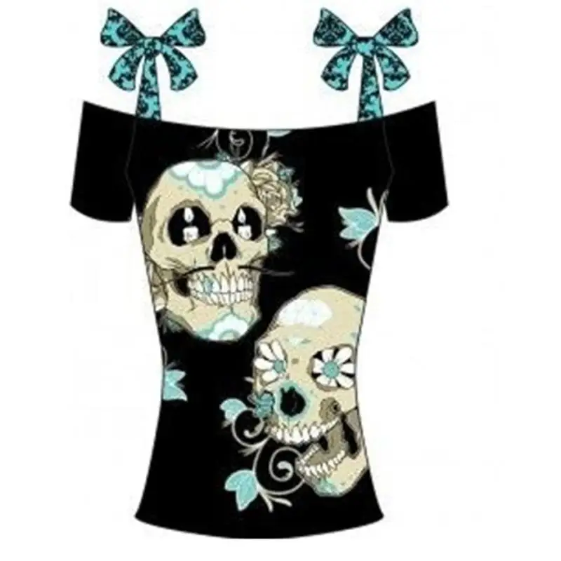 Summer Women Casual Slash Neck 3D Digital Print T-shirt Suspenders Female Skull Loose Tops Strapless Strap Tees | Женская одежда