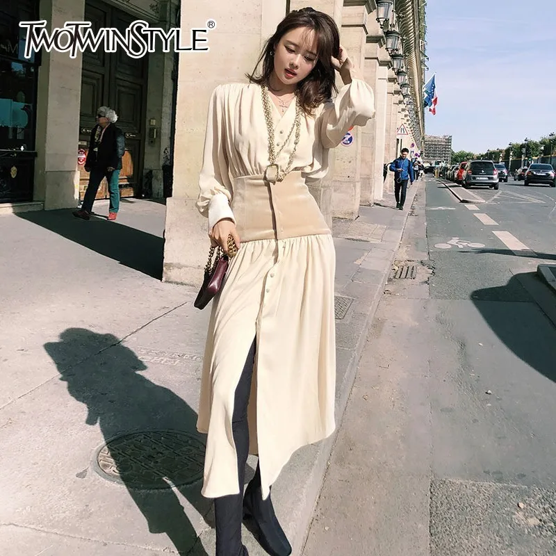 Шифоновое платье TWOTWINSTYLE осеннее платье-миди с длинным рукавом и v-образным
