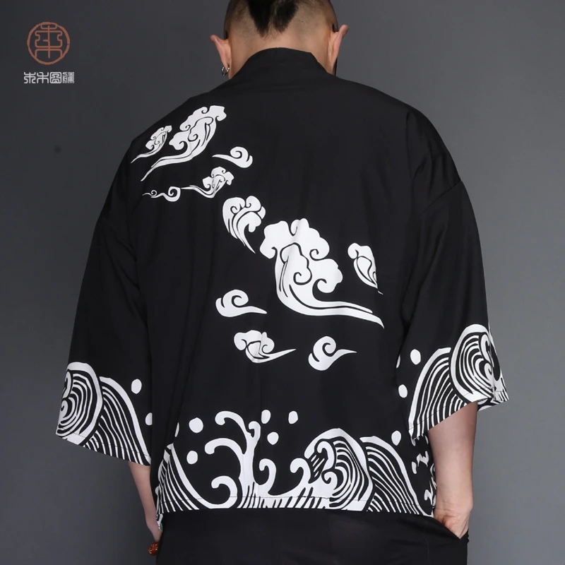 Японские кимоно yukata kimino haori кардиган халат для мужчин черный принт японский Топ