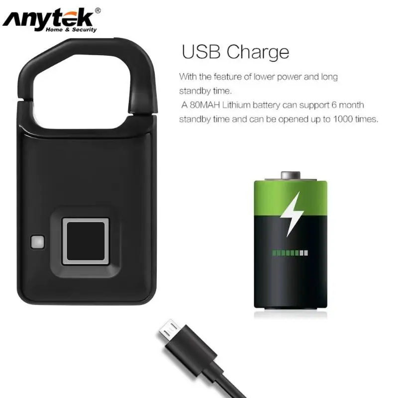 Anytek P4 USB Перезаряжаемый смарт замок без ключа с защитой от кражи для безопасности