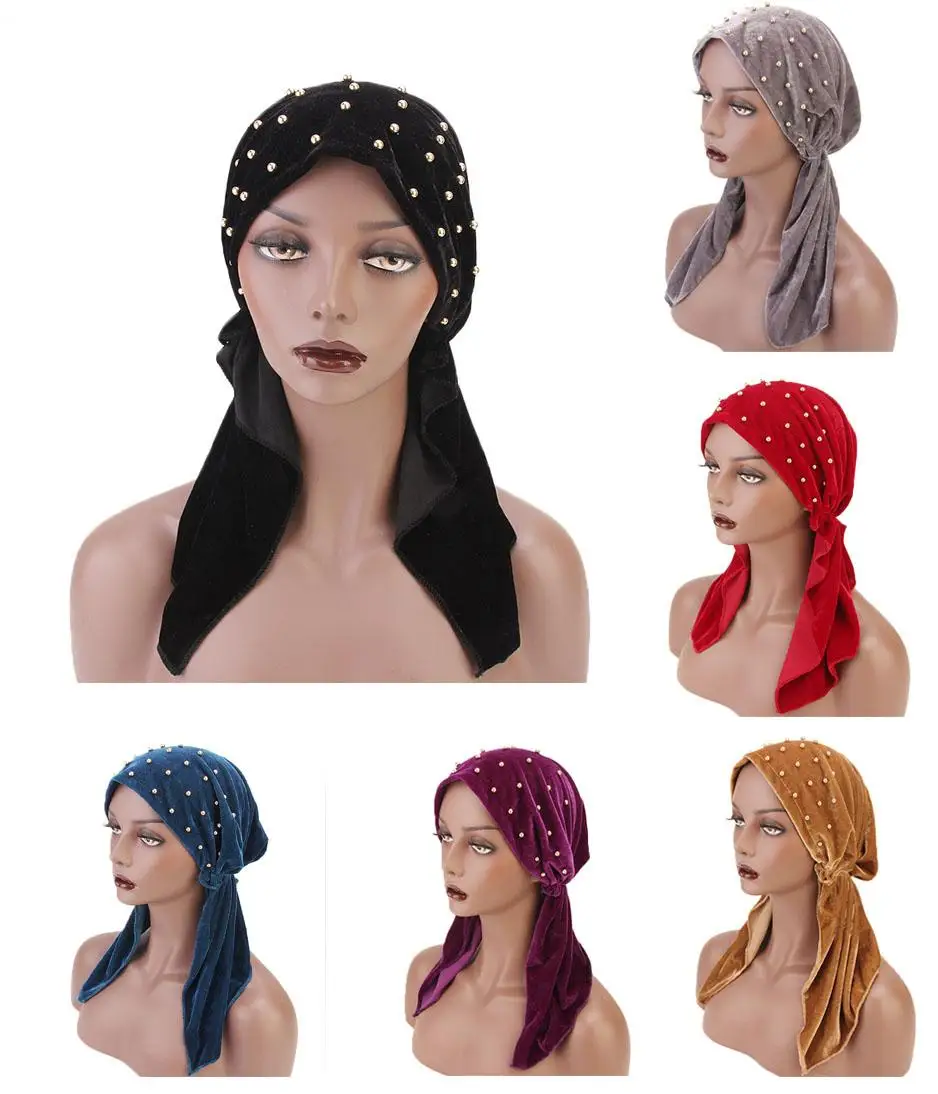

Women Muslim Velvet Cap Islamic Cap Long Tail Bandanas Turban Beanie Skullies Bonnet Beads Headwrap Beads Arab Hair Loss New