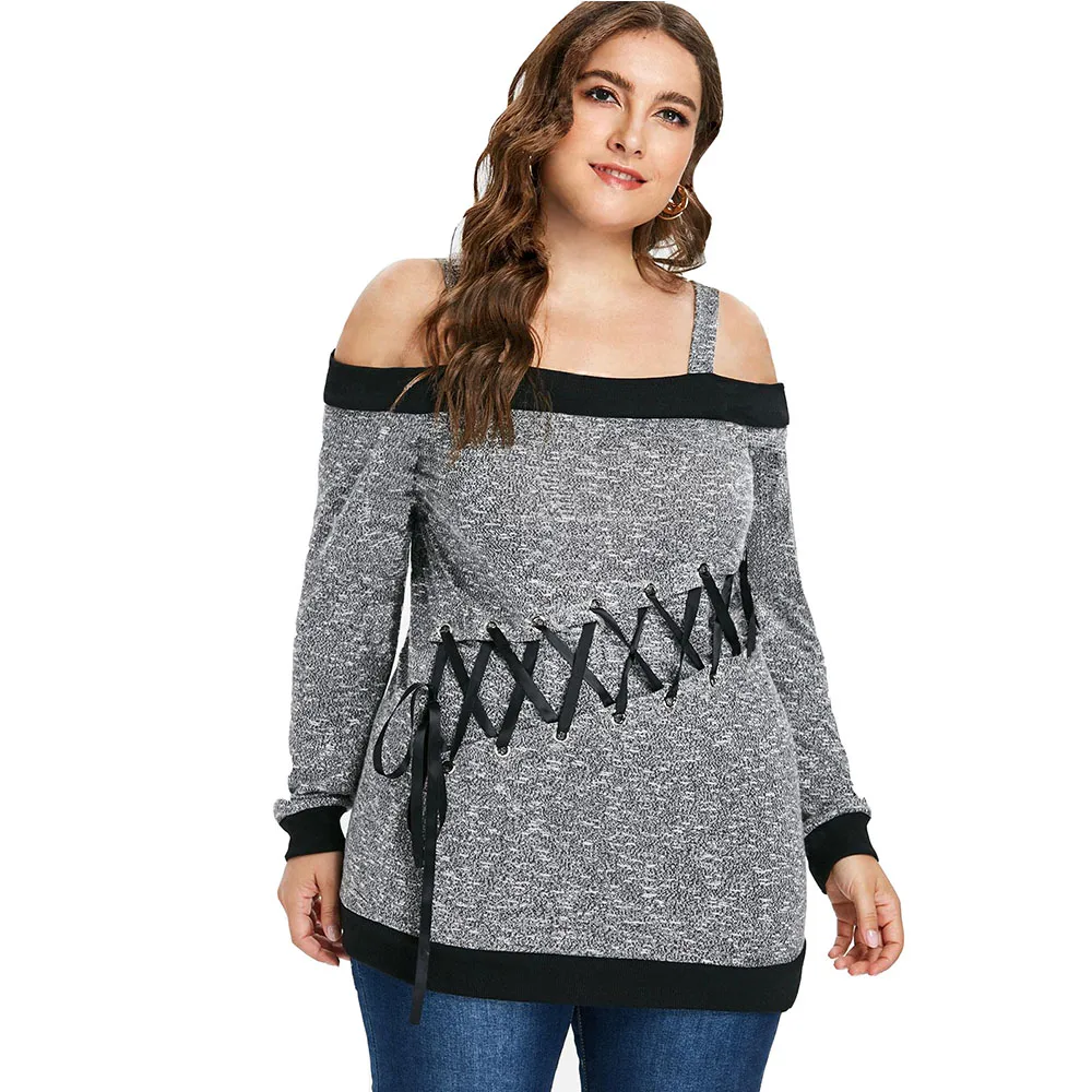 Wipalo Plus Size Spaghetti Strap Cold Shoulder Long Sleeves T-Shirt Women Casual Solid Weaving Tie Top Spring Fall Clothing 5XL | Женская