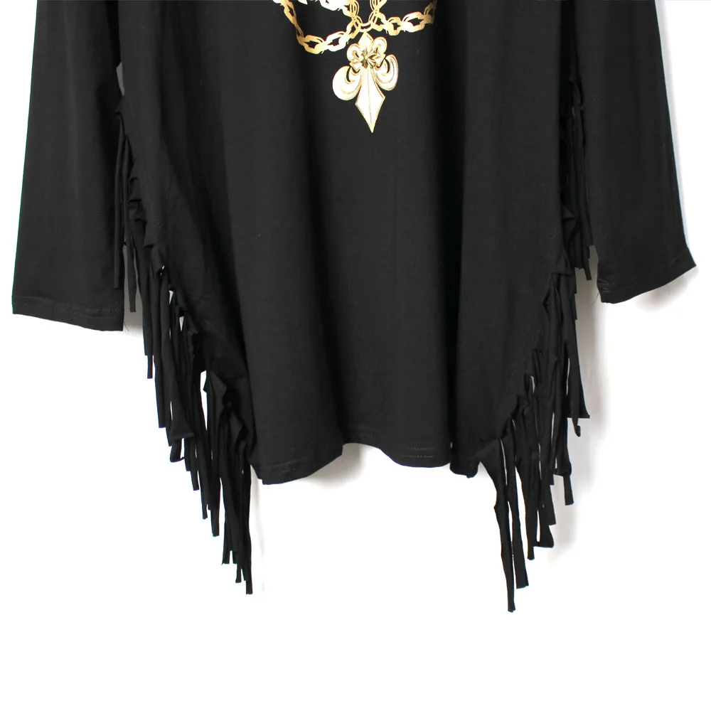 2019 панк Рок весна новый модный принт длинный рукав хлопок плюс размер tasselT-shirt