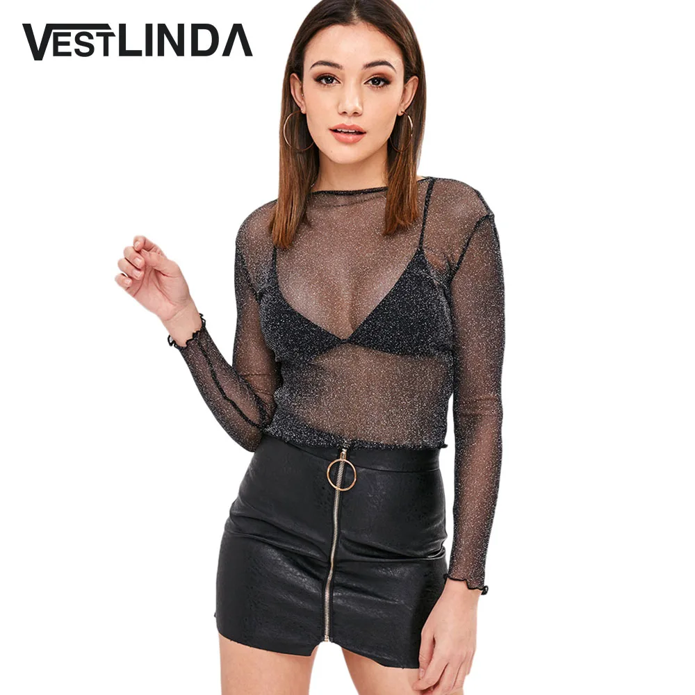 Прозрачный блестящий топ VESTLINDA приталенная Сексуальная футболка с длинным