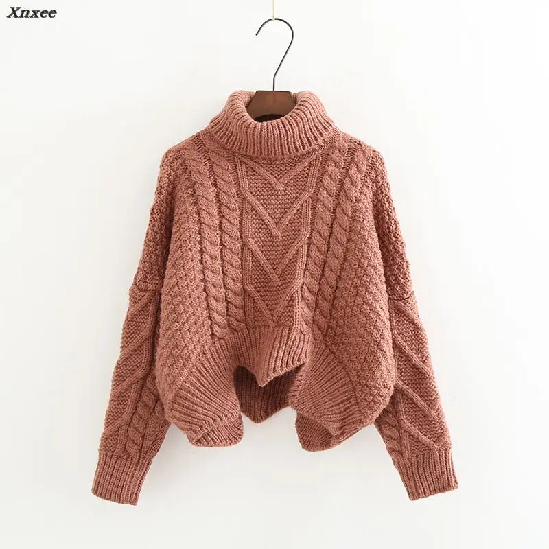 Thickened Sweater Women's Autumn Winter Korean Style Loose Twist Knitted Short Design Pullover Turtleneck Black Brown Female | Женская