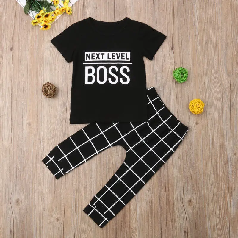 1-6Y Toddler Kids Baby Boy Girl Short Sleeve Boss Print Cotton T-shirt Tops Plaid Long Pant 2PCS Outfits Summer Clothes Set | Детская
