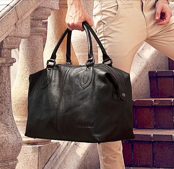 Fashion Genuine Leather men travel bag Carry on Luggage bag men Leather Duffel bag Overnight Weekend bag big Tote Handbag Black