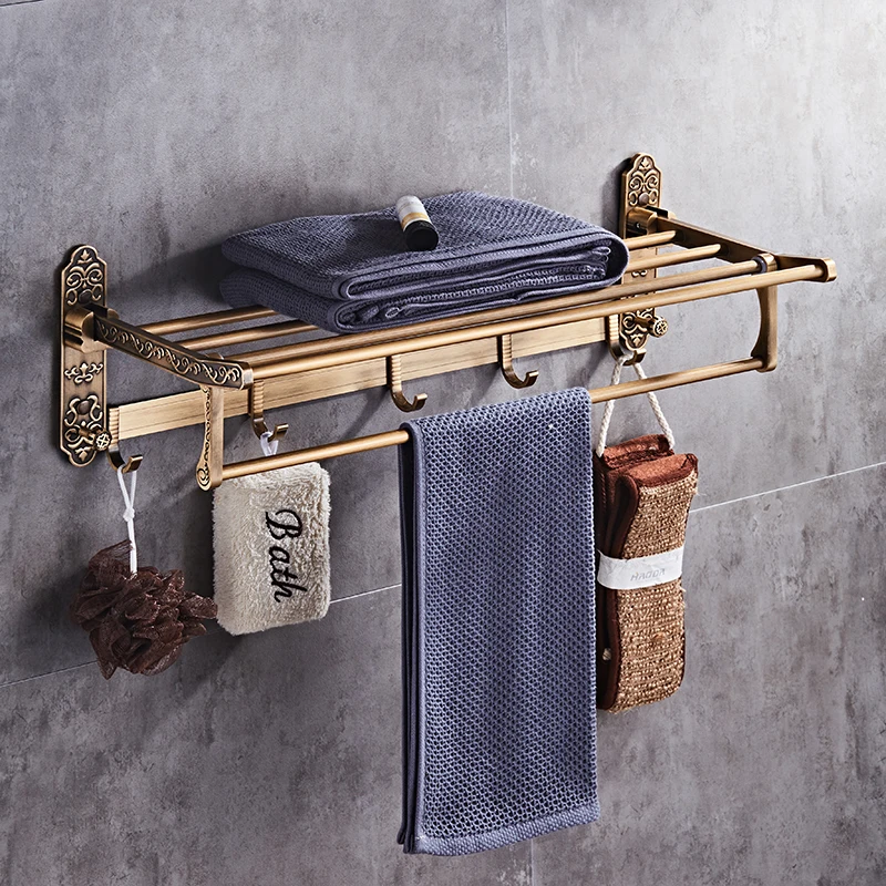 

Складная вешалка для полотенец белого и золотого цвета, держатель для полотенец в античном стиле для ванной комнаты, двойная Полка для поло...