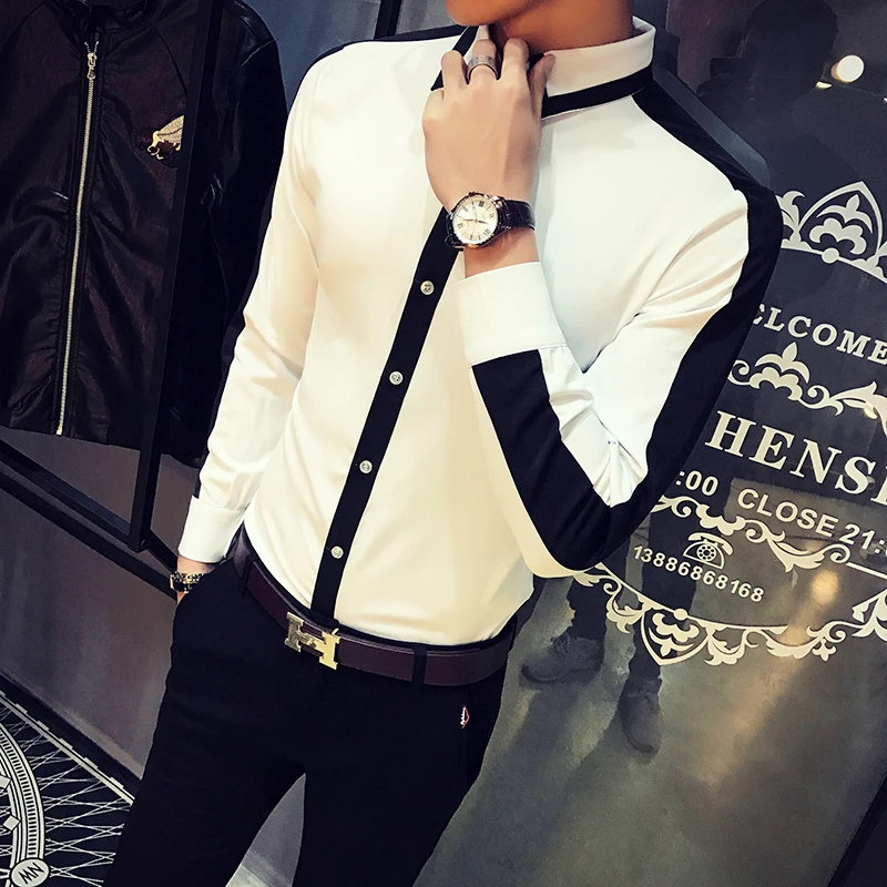 Высокое качество Мужская рубашка 2019 Весна Slim Fit контрастный цвет Смокинг Рубашка