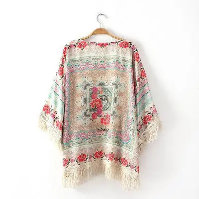 Шифоновое кимоно с подолом цветочным рисунком кисточками кардиган блузка