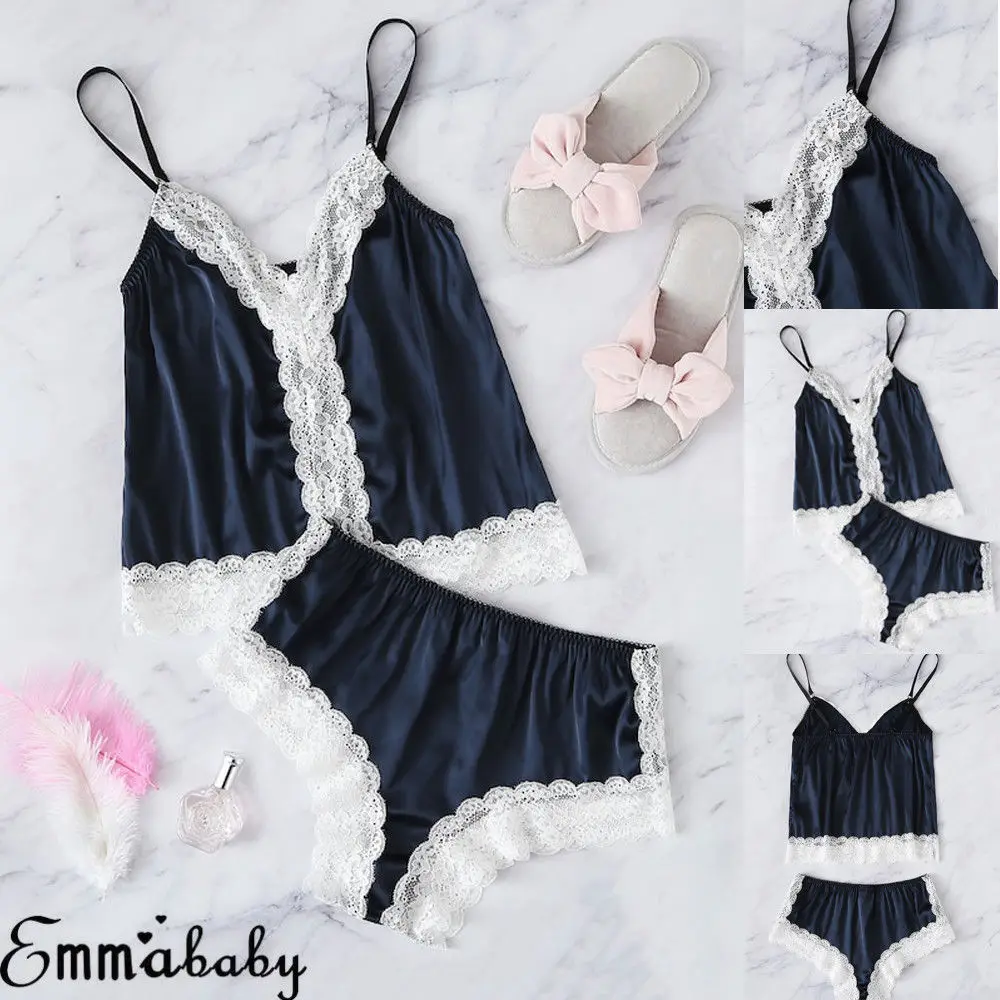 Мода 2 шт сексуальное женское атласное кружевное нижнее белье Babydoll ночная