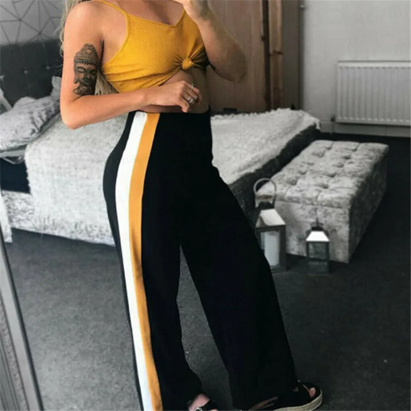 Женские длинные штаны в желтую полоску повседневные с высокой талией Корейском