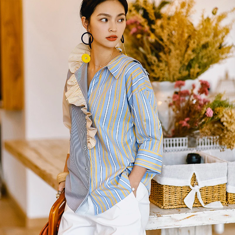 2019 Summer New Pattern Shirt For Women Fashion Temperament Stripe Split Joint Ruffles Contrast Color Blouse Tops R182 | Женская одежда