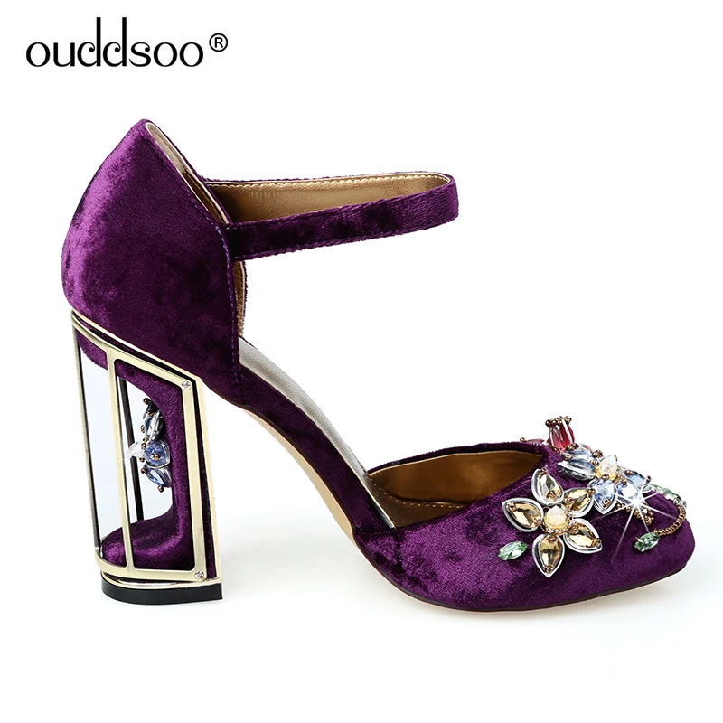 

ODS Ankle Strap Multi Colored Colourful Gemstone Sandal Round Toe Chunky Pumps Flower High Quality Designer Shoes Red purple 33