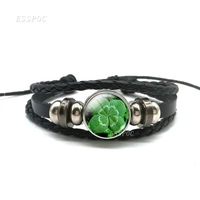 lucky bracelet diy glass cabochon black button bracelets four leaf clover leather bracelet men women fashion gifts