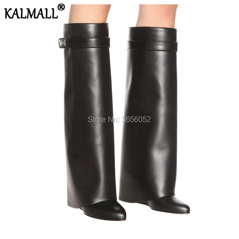 Женские сапоги с острым носком KALMALL осенне-зимняя обувь высокие кожаные до колена