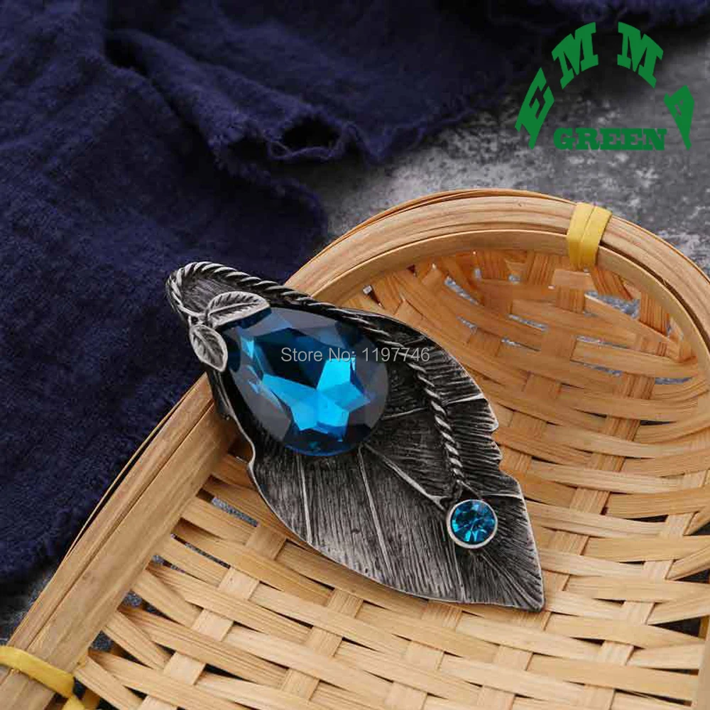 Romantic Retro Metal Leaf Shape Blue Crystal Brooch Pin Vintage Natural Jewelry Corsage Accessories For Women Fit Wedding Party | Украшения