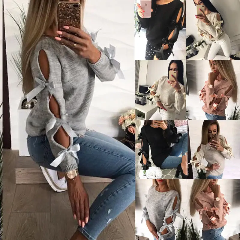 New Women Bow Hollow out Longsleeve Warm Sweater Pullover Knitting Loose O-Neck Tops Blouse Knitwear | Женская одежда