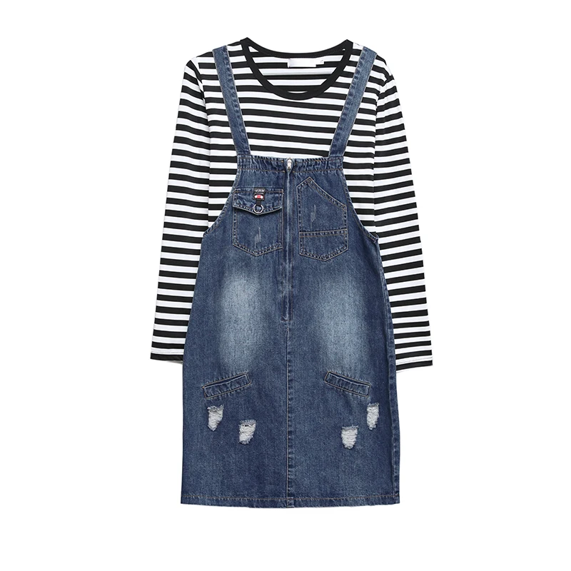 2 piece suits 2019 spring women's fashion new hole pocket denim strap dress students female Casual spaghetti | Женская одежда
