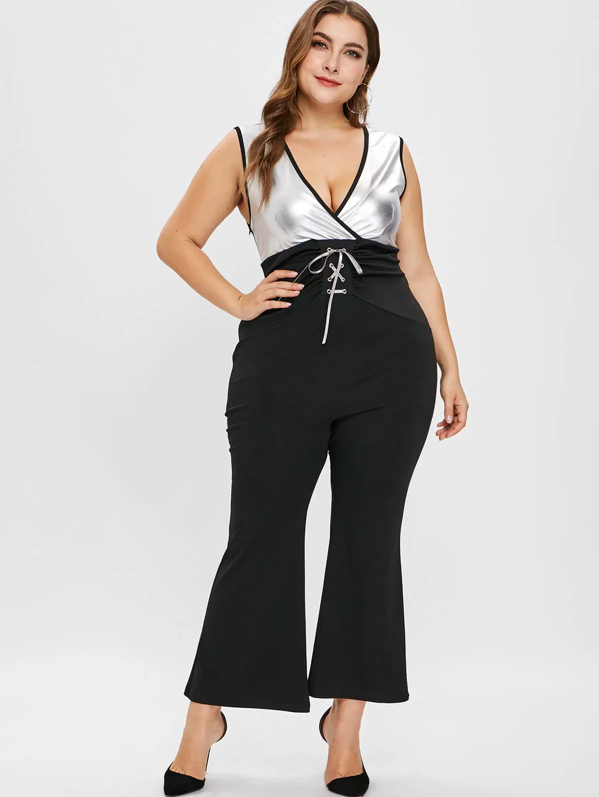 Wipalo Plus Size Sleeveless V Neck Contrast Flare Jumpsuit With Lace Up Surplice Two Tone High Waisted Color Block 4XL | Женская одежда