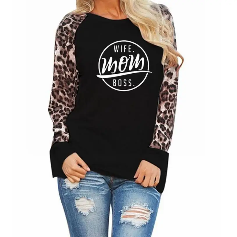 

Fashion T-Shirt For Women Wife Mom Boss Letters Print Leopard Print Long Sleeve T-Shirt Harajuku Plus Size Tshirt Top Graphic