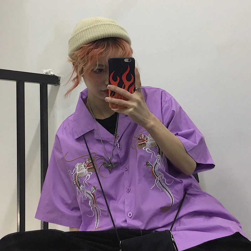 Личи девушки китайский стиль Дракон вышивка женская рубашка блузка с отложным