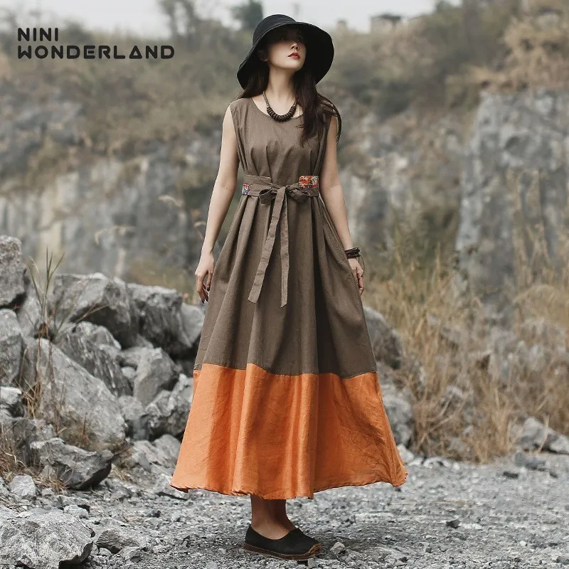 Женское платье без рукавов NINI WONDERLAND классическое из хлопка и льна Свободное