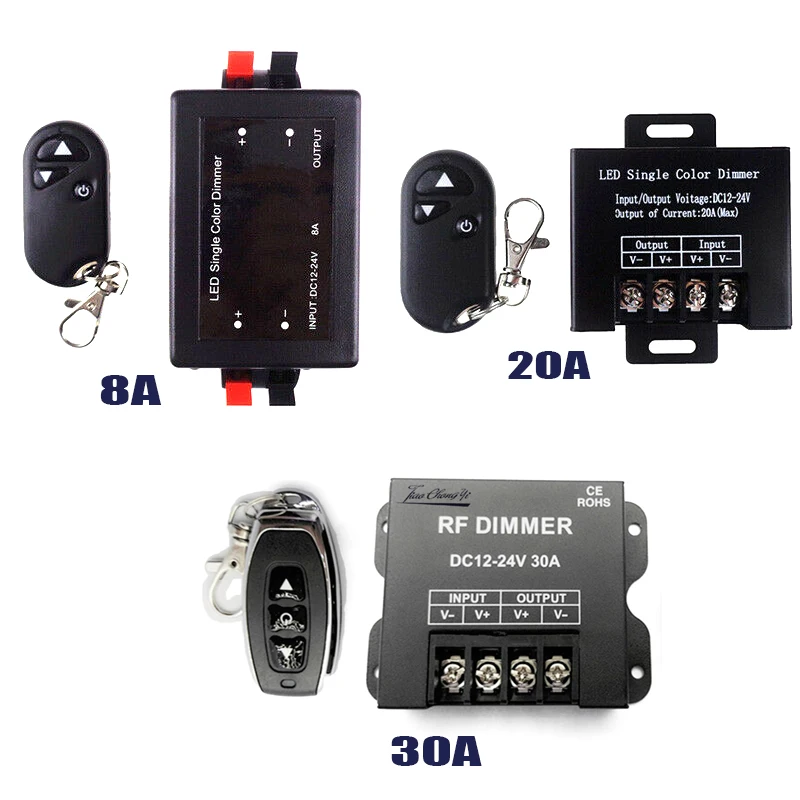 

8A 20A 30A DC12V 24V RGB Controller 3 Keys Led Dimmer RF Wireless Remote Control for 3528 5630 5050 Single Color Led Strip Light